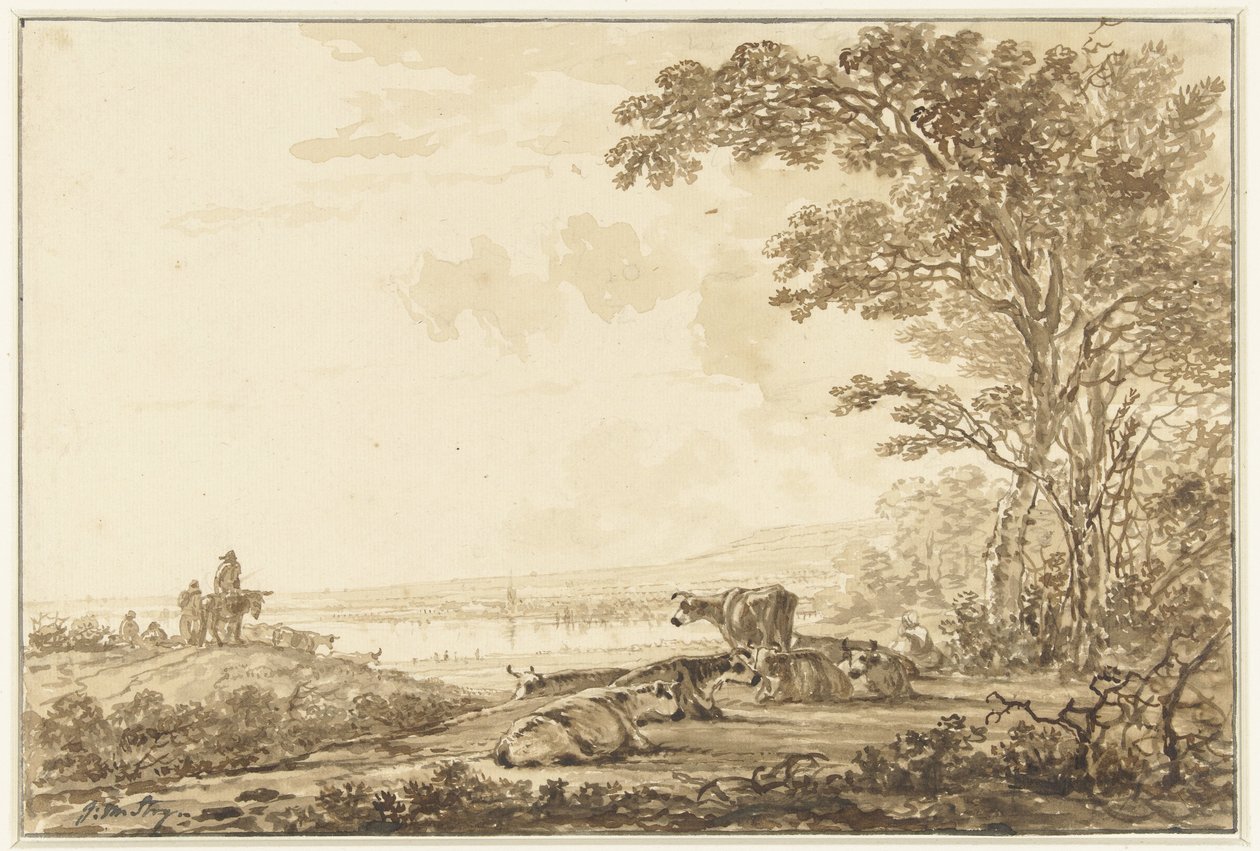 Paisaje fluvial con ganado descansando. de Jacob van Strij