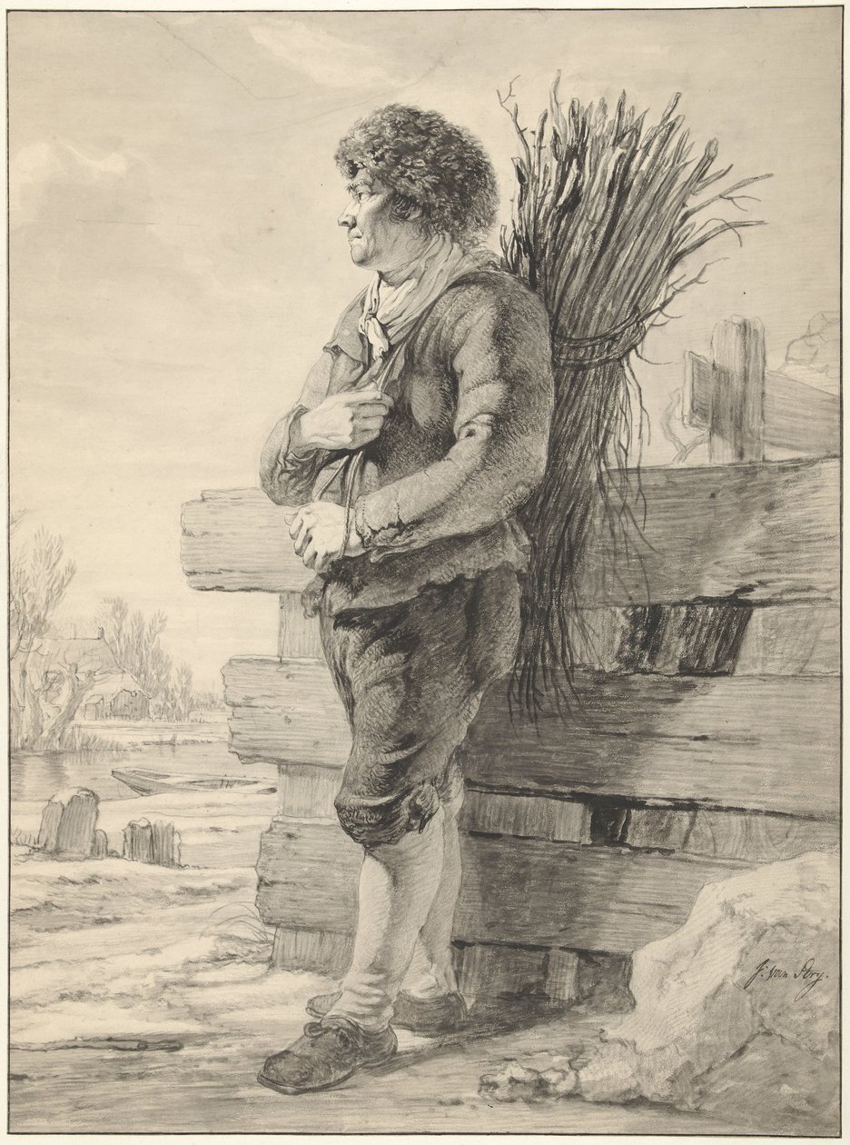 Hombre de pie con un haz de ramas a la espalda de Jacob van Strij