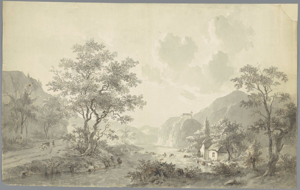 Cascada en un lago en un paisaje de montaña de Jacob van Strij