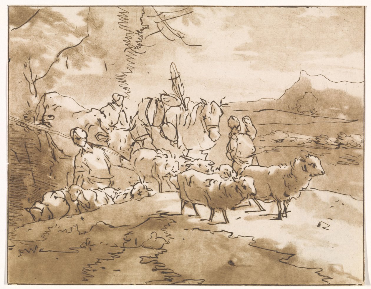Pastores con ganado en un paisaje de montaña de Jacob van de Velde (graveur)