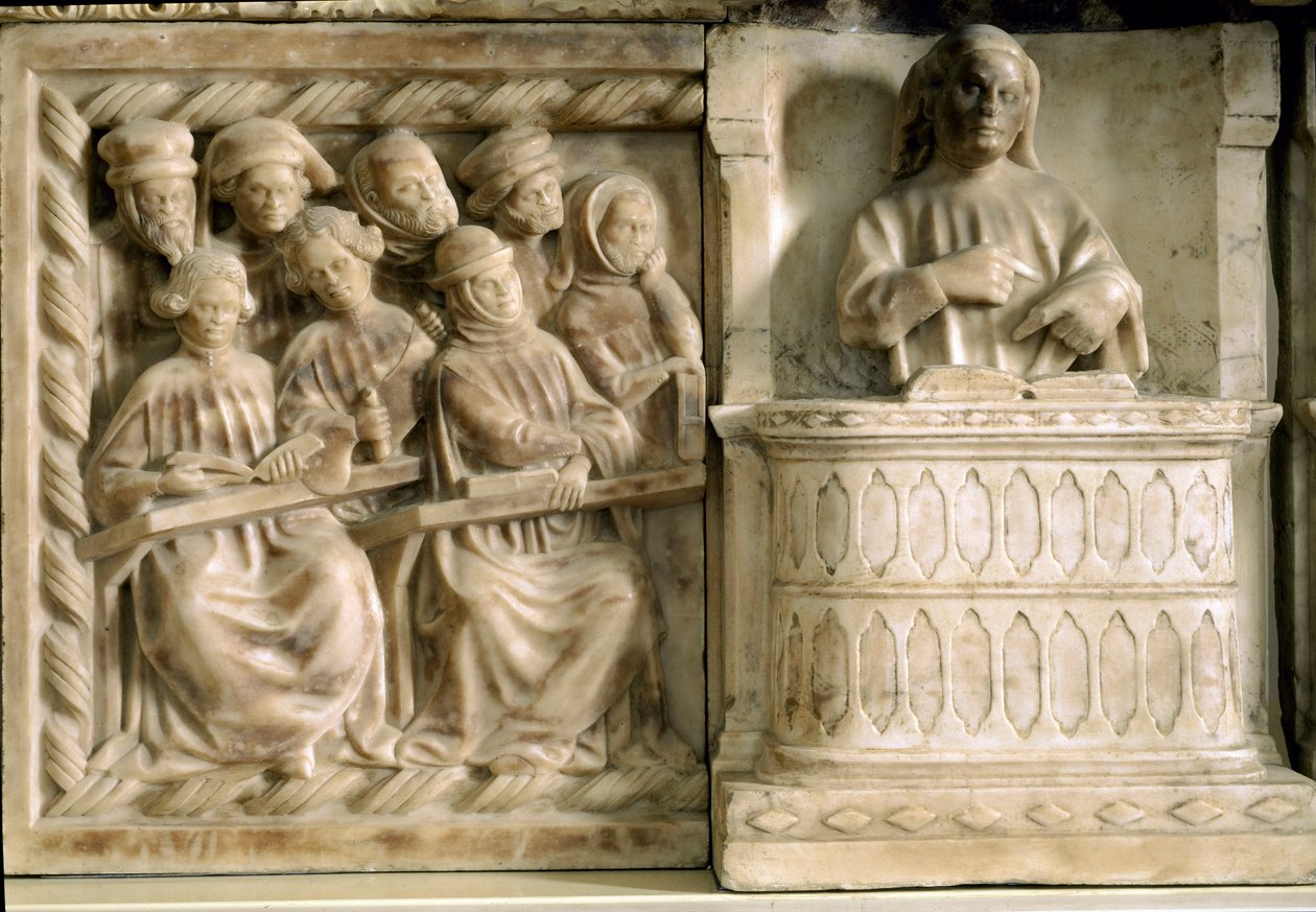 Monumento funerario de Carlo, Roberto y Riccardo da Saliceto: estudiantes asistiendo a un curso de Jacobello and Pier Paolo dalle Masegne