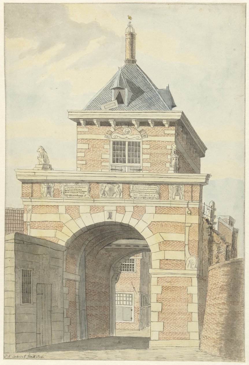 Vista del antiguo Vriesche Poort en Alkmaar de Jacobus Andreas Crescent