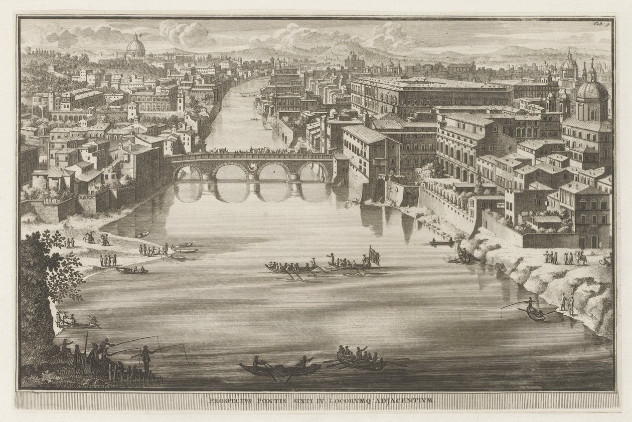 Vista de Roma con el Ponte Sisto sobre el río Tíber Prospectus Pontis Sixti IV locorumq adjadentium (título sobre el objeto) Vistas de Roma (título de la serie) La Galerie agreable du mond (...) dividida en LXVI tomes...Cette partie comprend le Rome modern de Jacobus Baptist