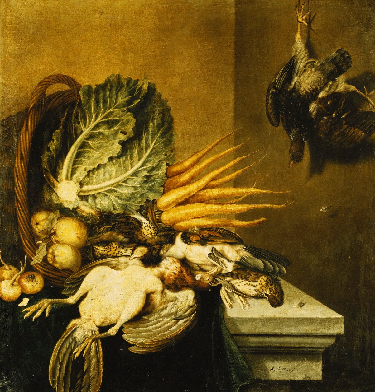 Una cesta volcada de aves, nabos, manzanas, cebollas y una col en un borde cubierto con un paño verde de Jacobus Biltius