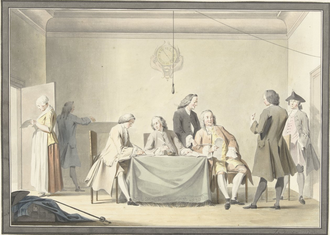 Sesión de Comisarios para recibir el Gifte Liberal, o 50º penique, 12 de septiembre de 1747 de Jacobus Buys (signed by artist)