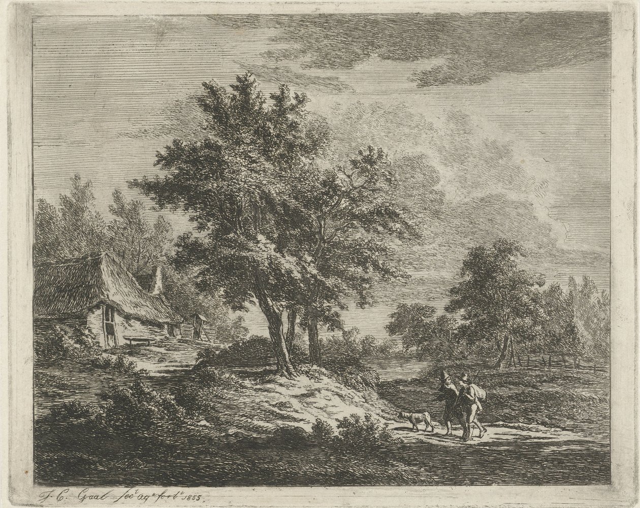 Paisaje con caminantes cerca de tres árboles. de Jacobus Cornelis Gaal