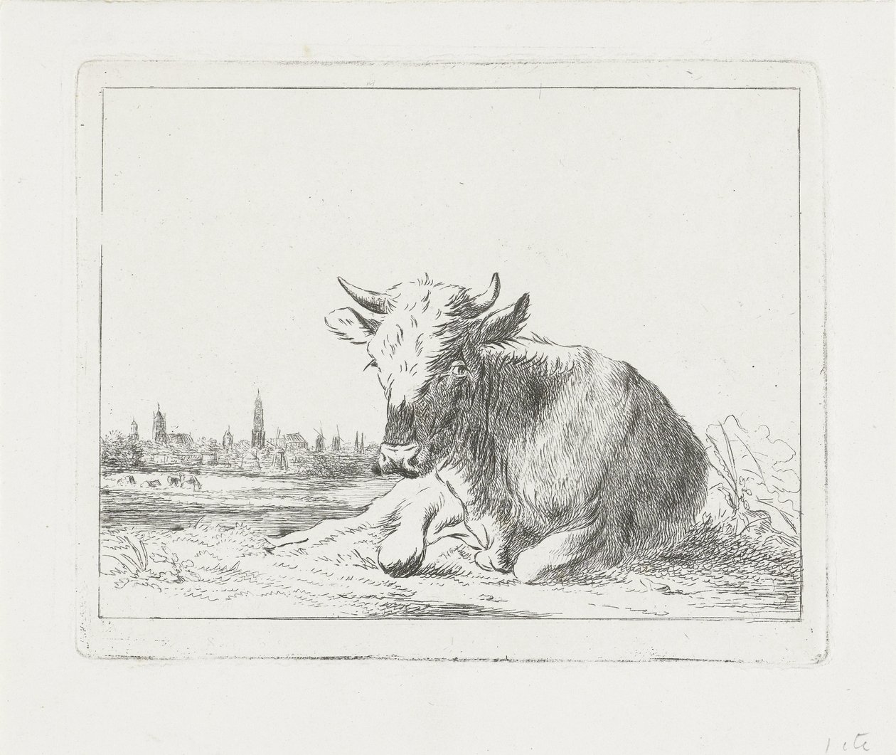 Vaca reclinada, al fondo una ciudad de Jacobus Cornelis Gaal