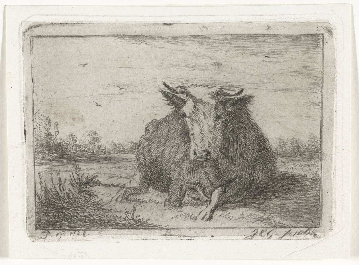 Vaca reclinada vista de frente de Jacobus Cornelis Gaal