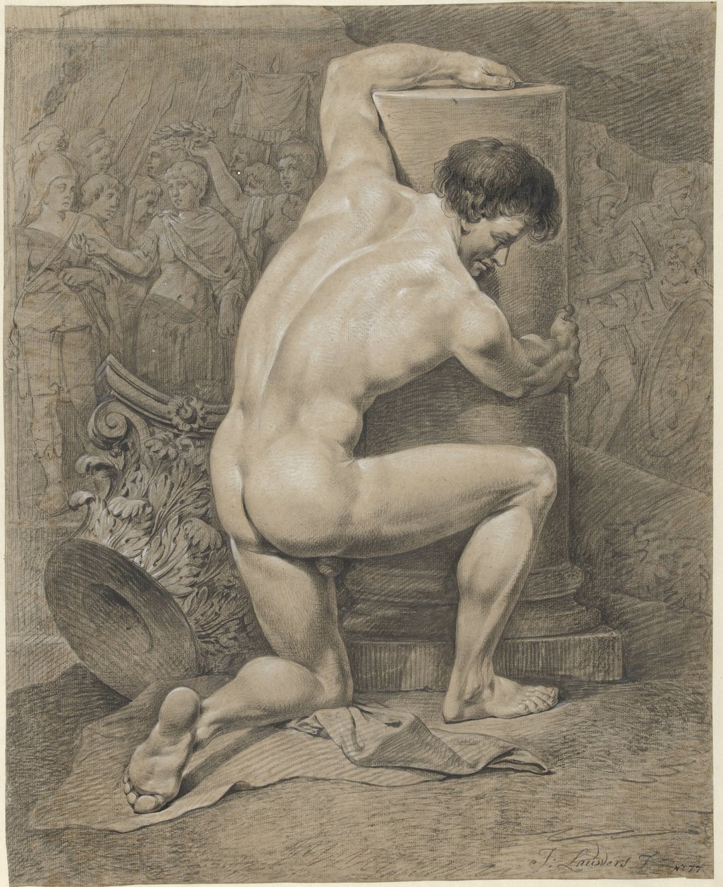 Desnudo masculino arrodillado, brazos alrededor de una columna a la derecha de Jacobus Johannes Lauwers