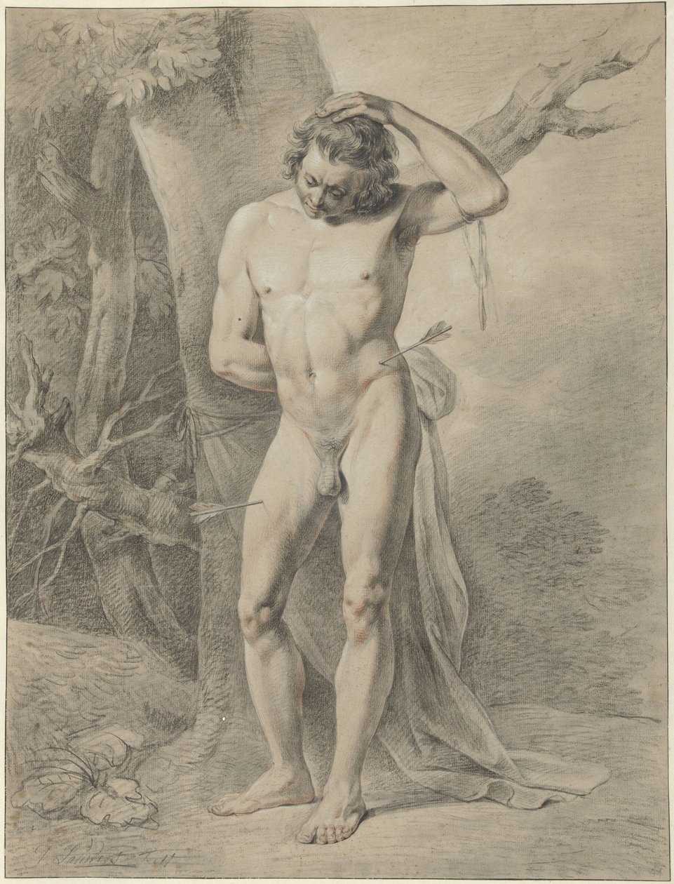 Hombre desnudo de pie, delante de un árbol de Jacobus Johannes Lauwers
