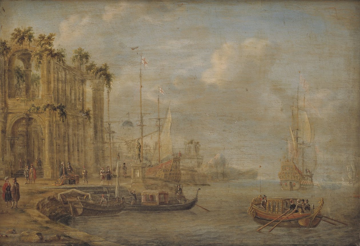 Escena de puerto con ruinas antiguas de Jacobus Storck