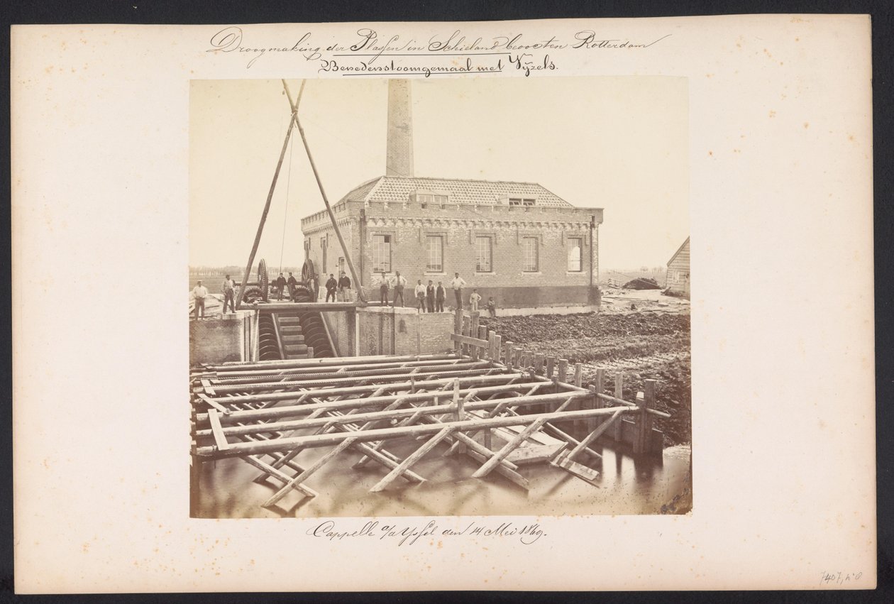 Debajo de la estación de bombeo de vapor con Vijzels / Capelle aan den IJssel den 14 de mayo de 1869 (título sobre el objeto) Recuperación de los lagos en Schieland al este de Rotterdam (título de la serie sobre el objeto) de Jacobus van Gorkom jr.