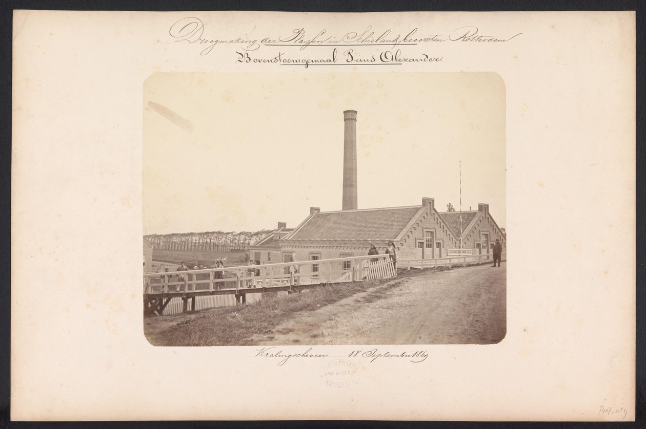 Estación de bombeo Bovenstoom Prins Alexander / Kralingscheveer 18 de septiembre de 1869 (título sobre objeto) Recuperación de los lagos en Schieland al este de Rotterdam (título de la serie sobre el objeto) de Jacobus van Gorkom jr.