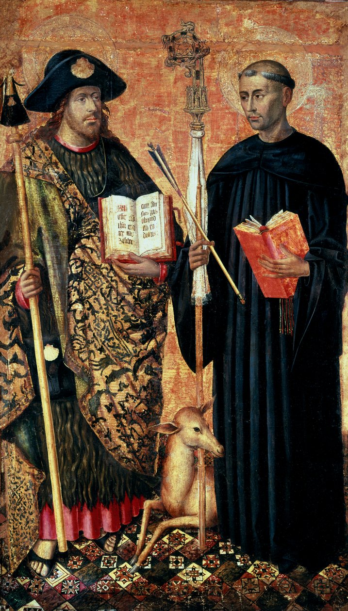 Santiago de Compostela representado como peregrino con el bastón, sombrero y concha. y San Gil el ermitaño (siglo VII), c.1450 de Jacomart (c.1413 61) Baco