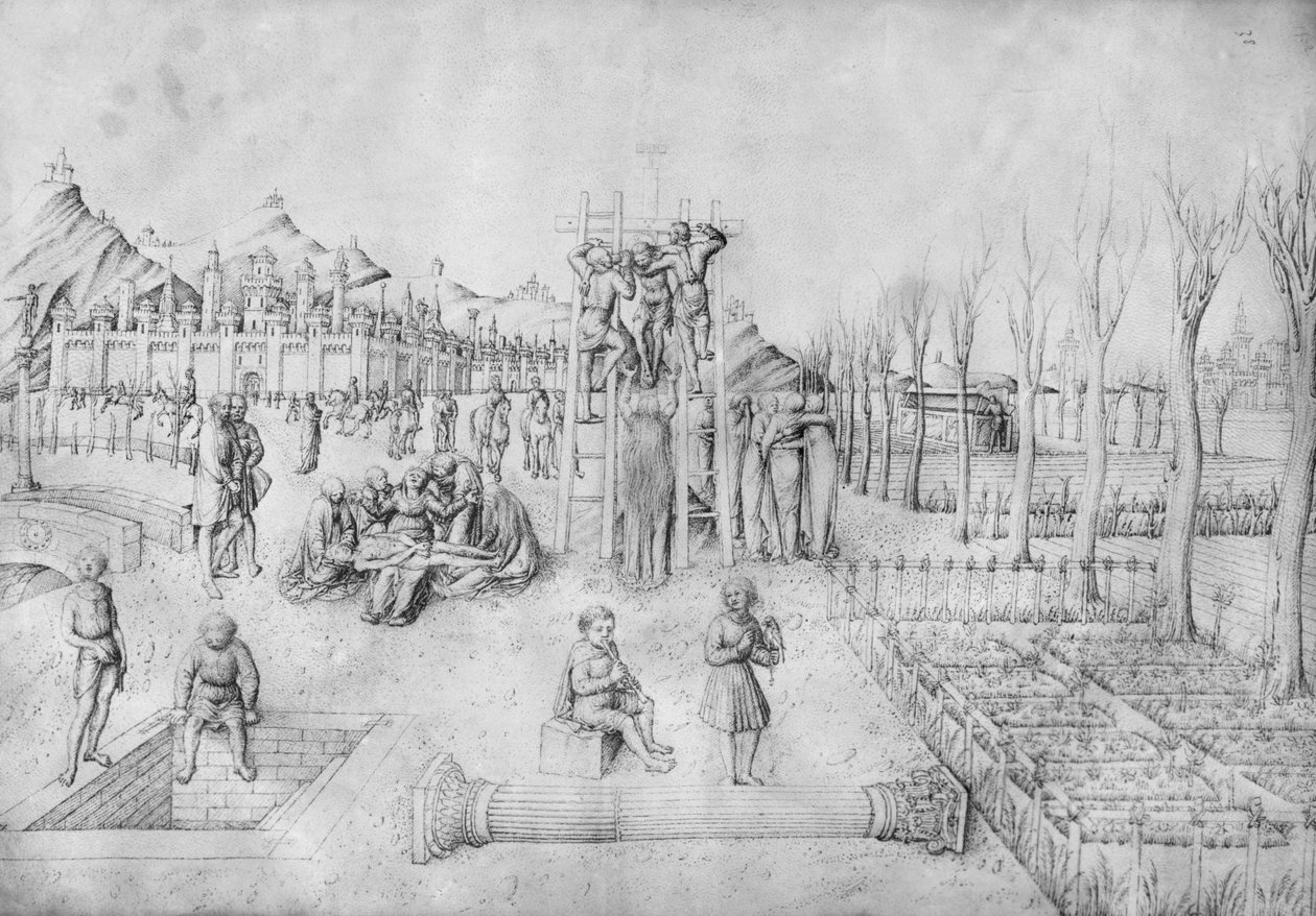 Descendimiento de la cruz y Lamentación de Cristo en un paisaje, del Álbum de dibujos de Jacopo Bellini de Jacopo Bellini