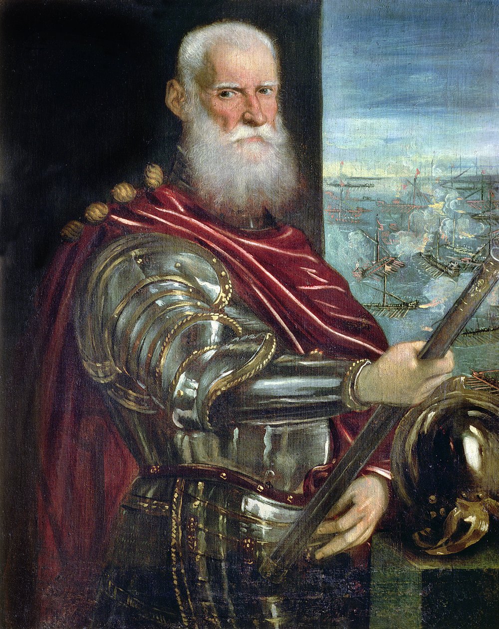 Retrato de Sebastiano Vernier (d.1578) Comandante en Jefe de las fuerzas venecianas en la guerra contra el Imperio Otomano con la batalla de Lepanto en el fondo, c.1571 de Jacopo Robusti Tintoretto