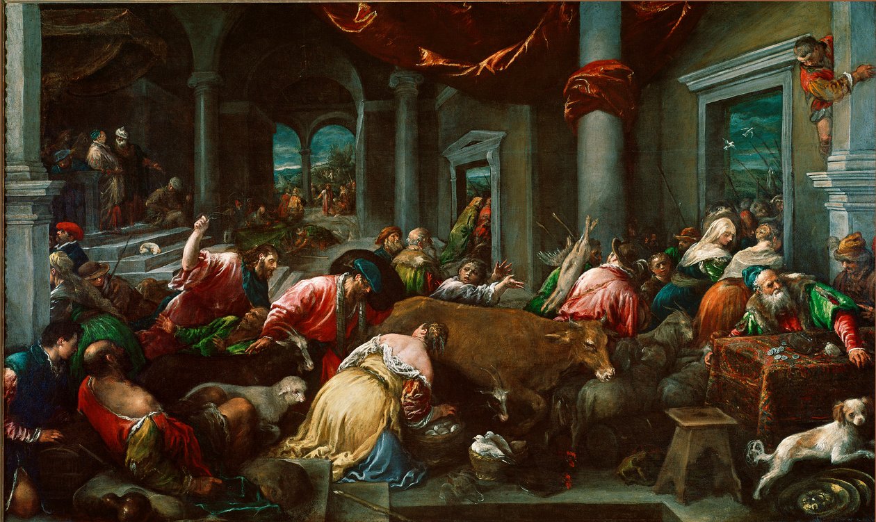La purificación del Templo o “Cristo expulsando a los mercaderes del Templo”. Pintura de Jacopo Da Ponte dit Jacopo Bassano (1517 circa-1592) de Jacopo Bassano