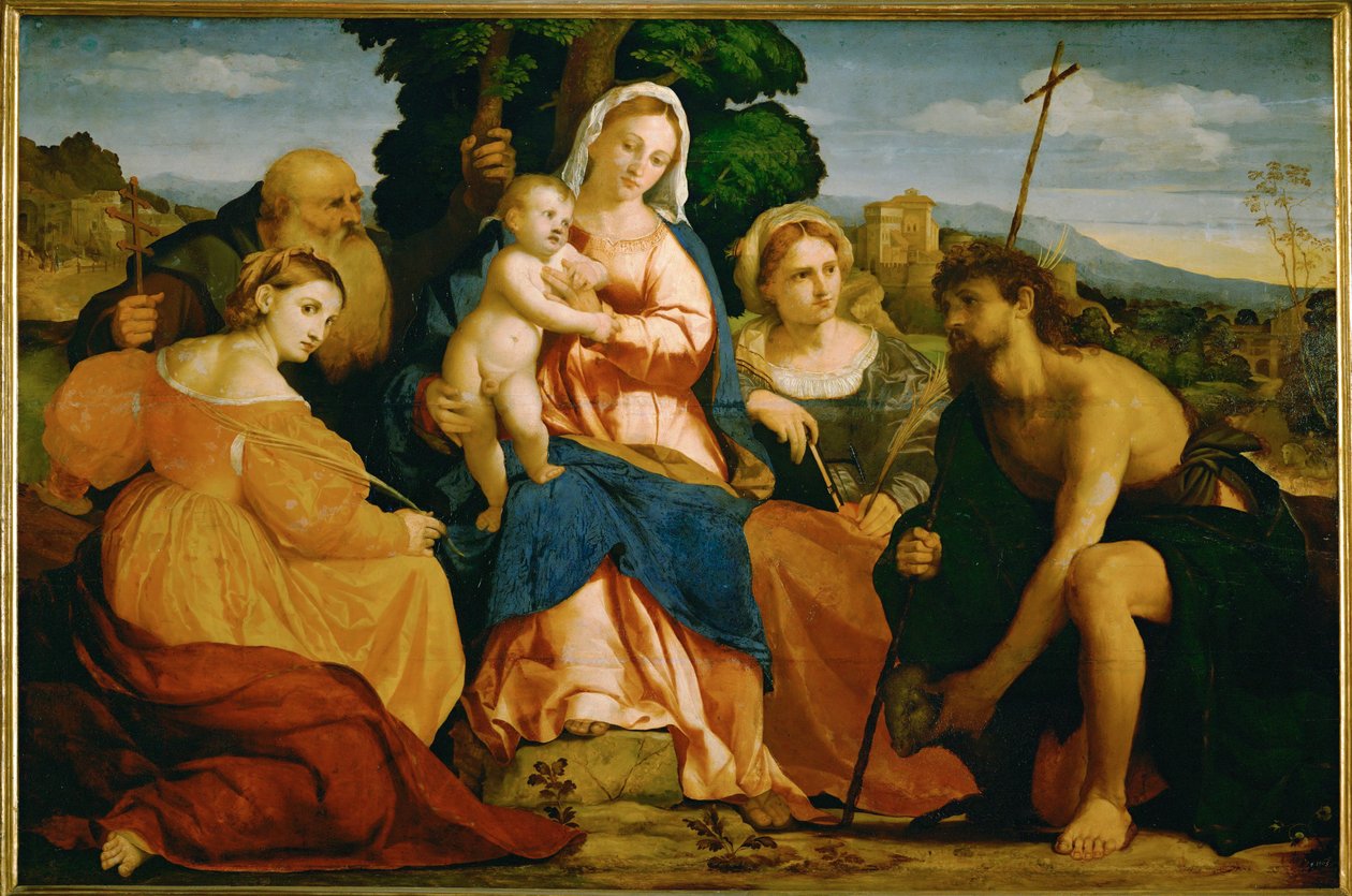 La Virgen María con el Niño y los Santos (madera de álamo) de Jacopo (c.1480-1528) Palma