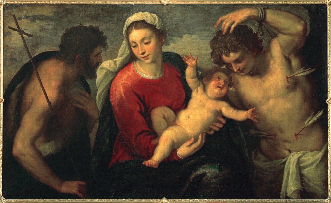 Virgen y niño con Juan Bautista y San Sebastián ... (pintura sobre lienzo) de Jacopo (c.1480-1528) Palma