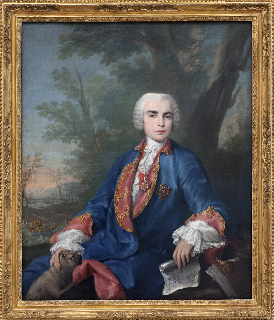 El soprano castrato Carlo Broschi, llamado Farinelli (1705-1782). El cantante lleva la medalla de la orden de Calatrava, en la partitura que sostiene en su mano, algunos compases de la ópera Zenobia de Gaetano Latilia. de Jacopo Amigoni