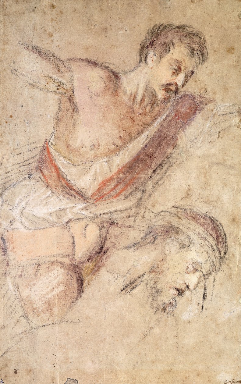 Estudios para una flagelación: Un hombre azotando y la cabeza de Cristo de Jacopo Bassano