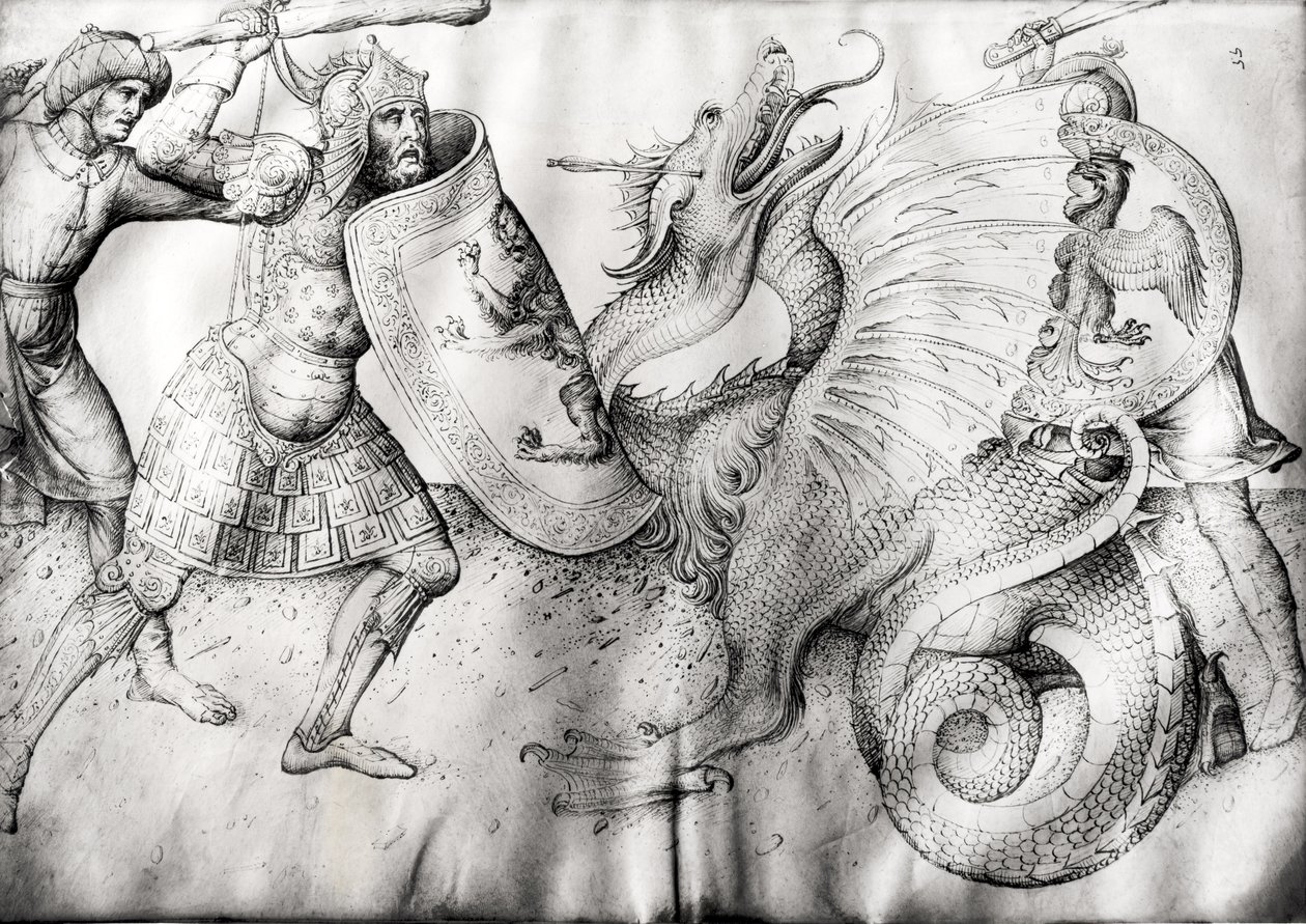 Batalla entre guerreros y un dragón, c.1450 (tinta sobre vitela) de Jacopo Bellini