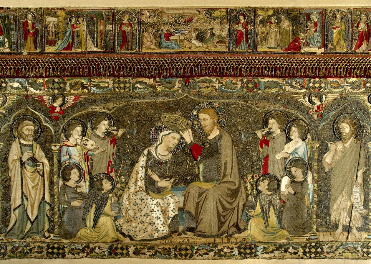 La Coronación de la Virgen entre ocho ángeles y catorce santos (bordado eclesiástico) par Cambi, Jacopo (activo ca 1336) de Jacopo Cambi