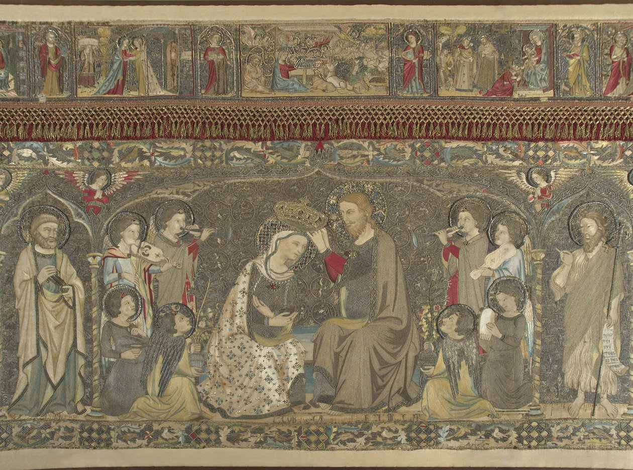 La coronación de la Virgen entre ocho ángeles y catorce santos bordado eclesiástico de Jacopo Cambi