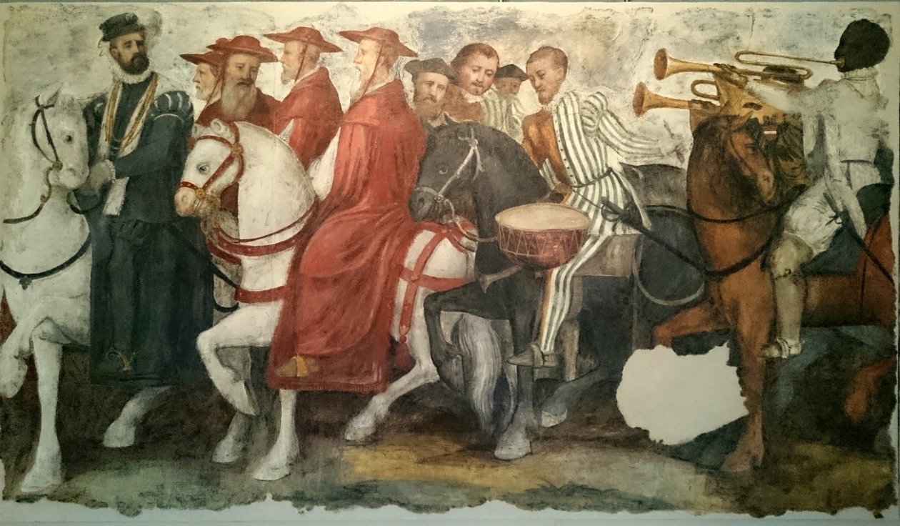La Cabalgata de Carlos V y Clemente VII: Enrique de Nassau con el collar del Toisón de Oro de Borgoña, seguido de obispos, prelados y trompeteros. de Jacopo Ligozzi