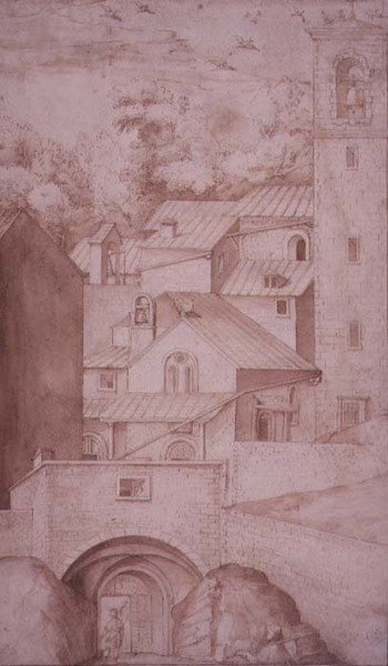 Vista del Monasterio de La Verna, Puerta de Entrada y Torre del Campanario, c.1607-12 (lápiz, tinta y lavado sobre papel) de Jacopo Ligozzi