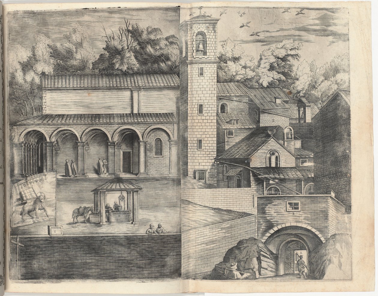 Vista del cuadrante: la puerta principal, la plaza, la iglesia y la logia del monasterio del Monte della Vernia de Jacopo Ligozzi