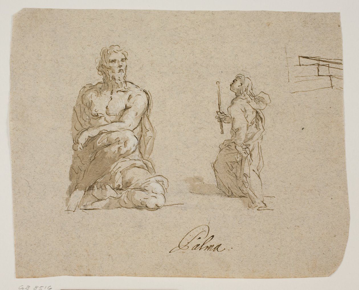 Hombre arrodillado, niña con una vela subiendo escaleras (la Virgen entrando al Templo), boceto en perspectiva para las escaleras de Jacopo Palma