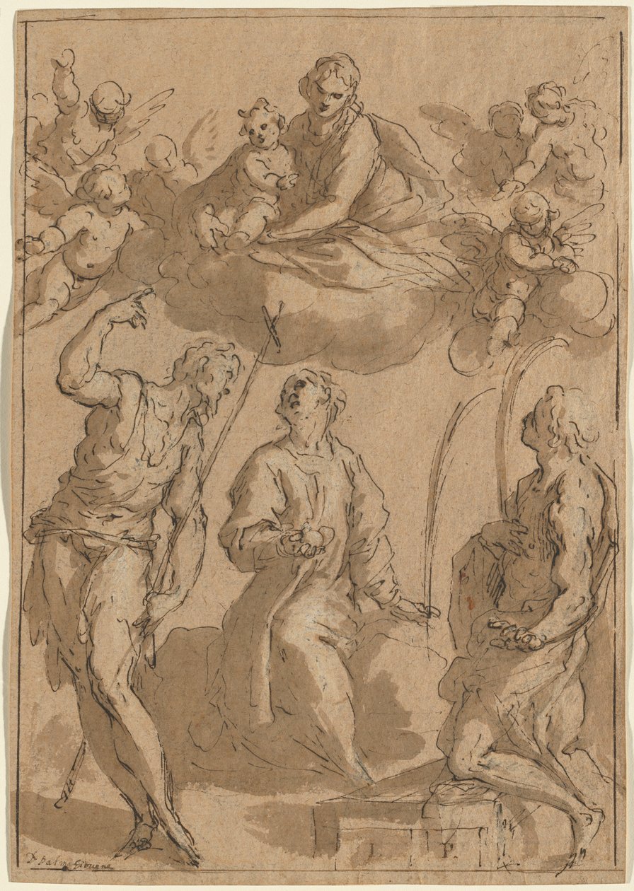 Madonna y el Niño en la gloria con los santos Juan Bautista, Esteban y Lorenzo de Jacopo Palma il Giovane