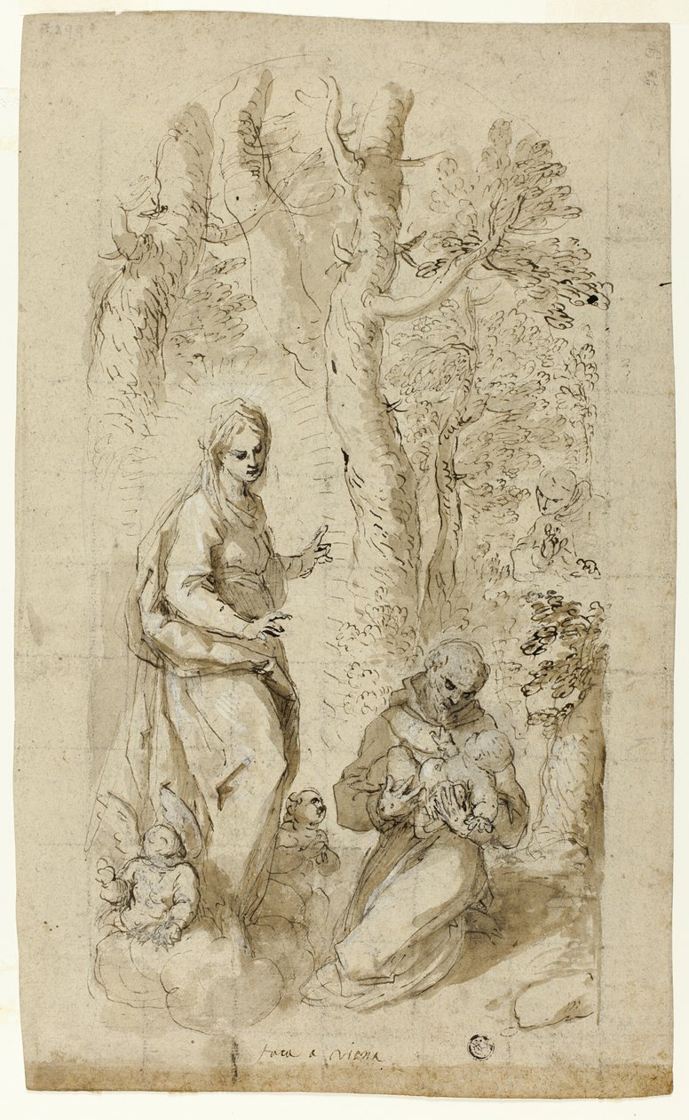 Visión de San Francisco de Asís (recto); San Jerónimo, Visión de San Francisco, y dos pequeños bocetos de San Francisco sosteniendo al Niño Jesús (verso) de Jacopo Palma il Giovane