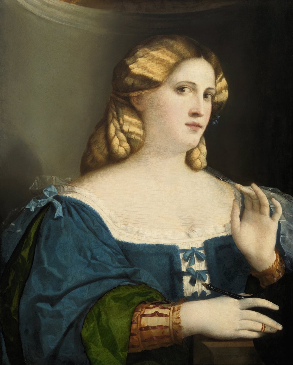 Joven Mujer en un Vestido Azul, con Abanico, 1512-1514 de Jacopo Palma il Vecchio the Elder