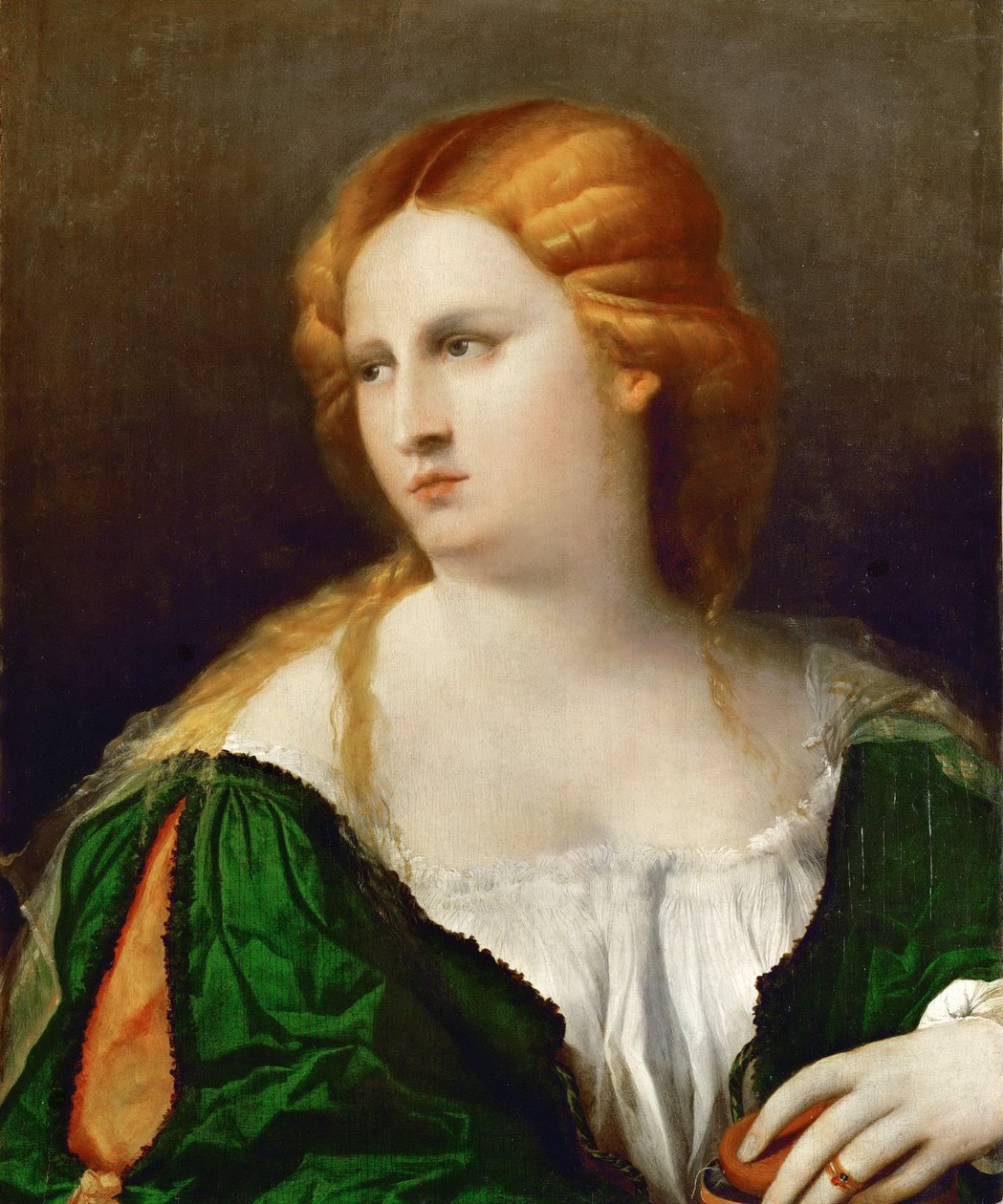 Joven mujer en un vestido verde, una caja en su mano, ca 1514 de Jacopo Palma il Vecchio the Elder
