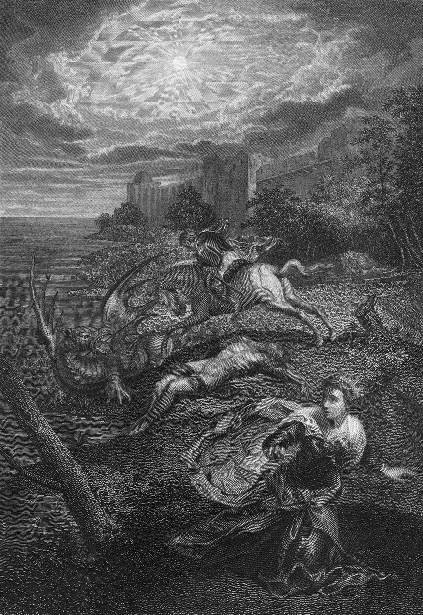 San Jorge y el dragón (grabado) de Jacopo Robusti (after) Tintoretto