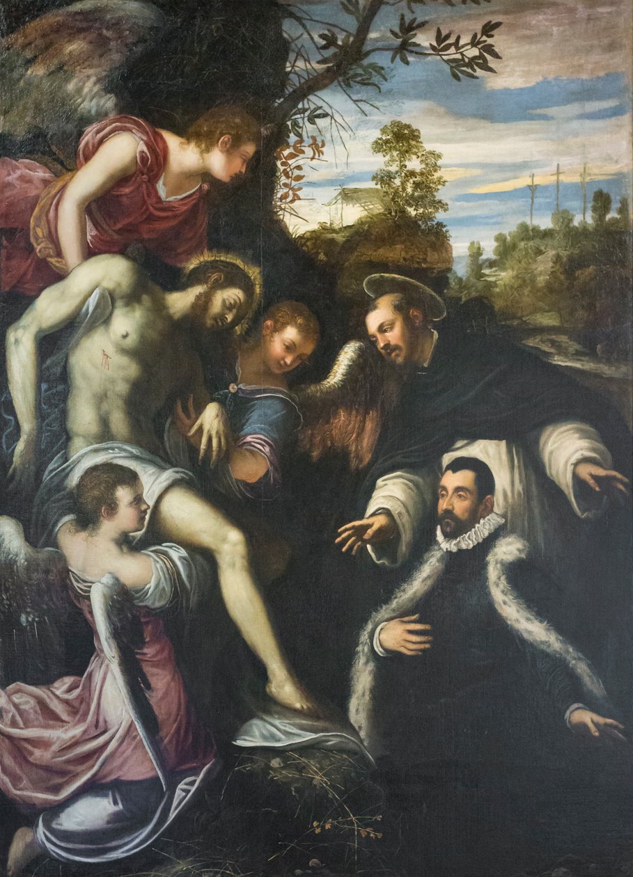 Cristo muerto sostenido por tres ángeles, santo Domingo y donante de Jacopo Robusti Tintoretto