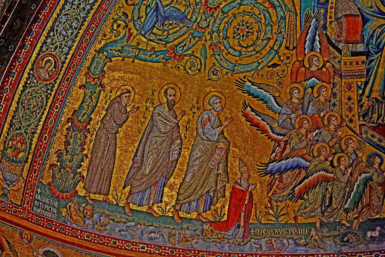 San Francisco, San Pablo, San Pedro, el Papa Nicolás IV y ángeles asistiendo a la Coronación de la Virgen de Jacopo Torriti