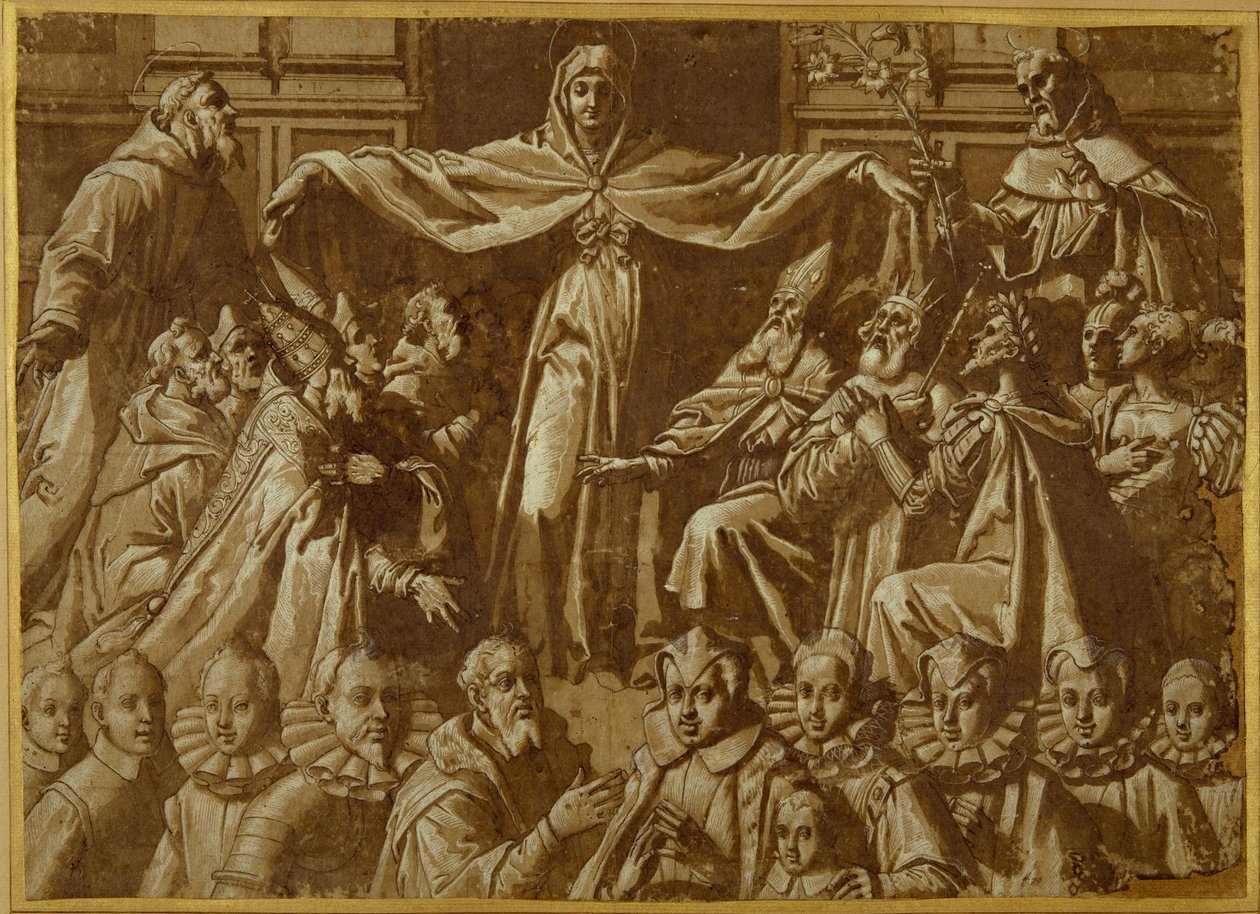 La Madonna della Misericordia con San Francisco y Santo Domingo, con otros santos y gobernantes y una familia de donantes de Jacopo Zucchi