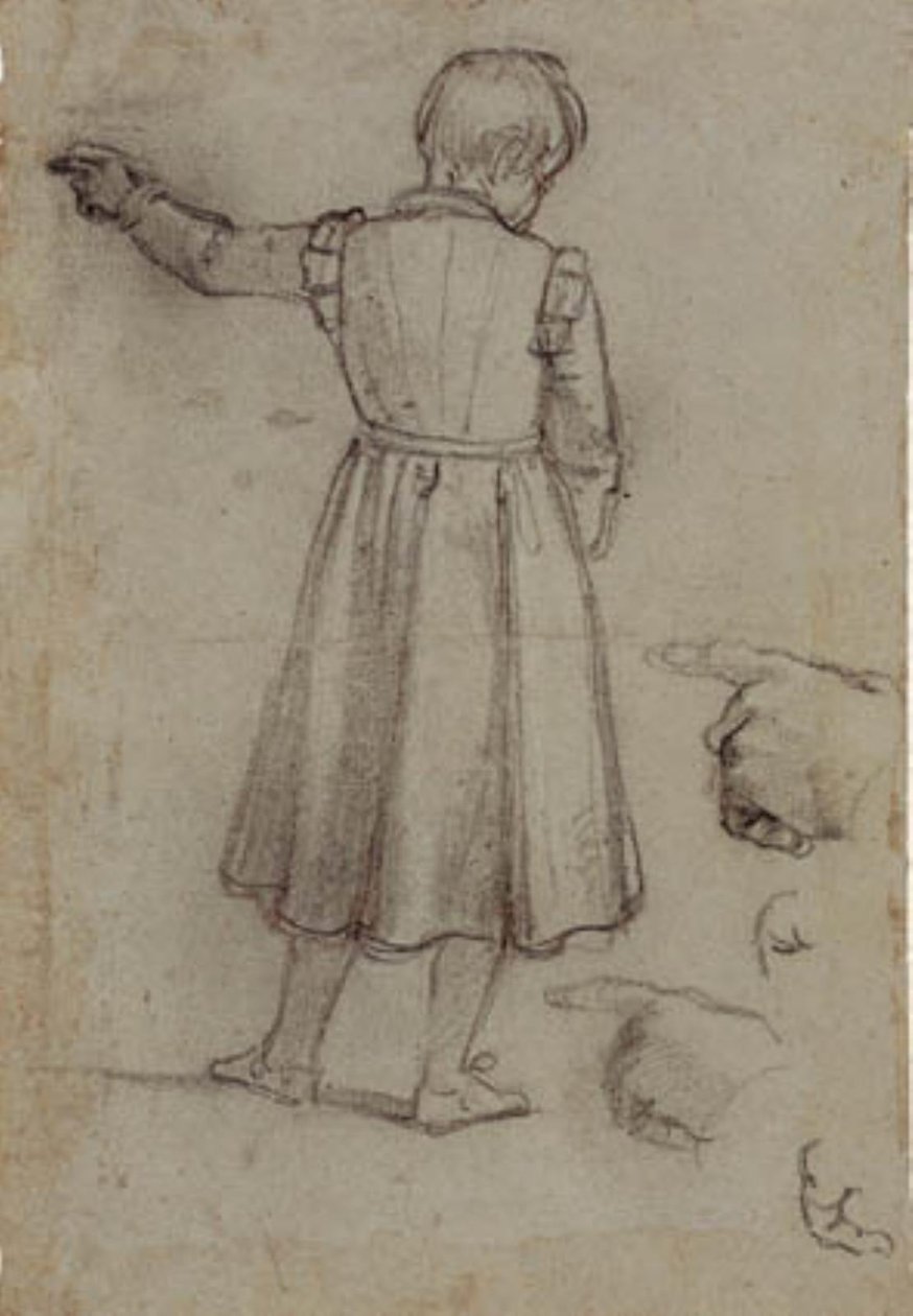 Niño de pie visto desde atrás señalando a la izquierda, y cuatro estudios para su mano izquierda de Jacopo da Empoli