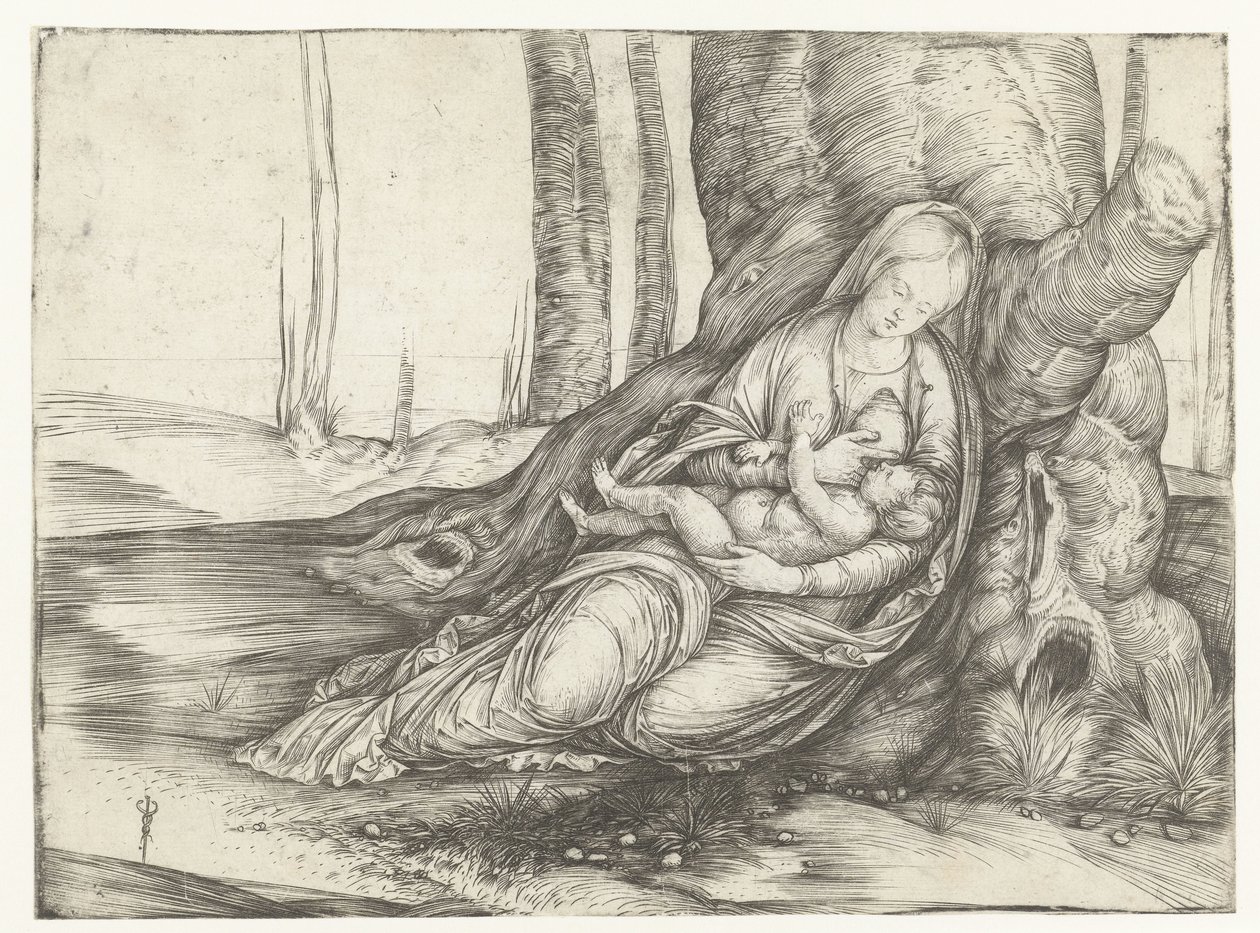 María con el niño al pecho se sienta frente al pie de un árbol de Jacopo de