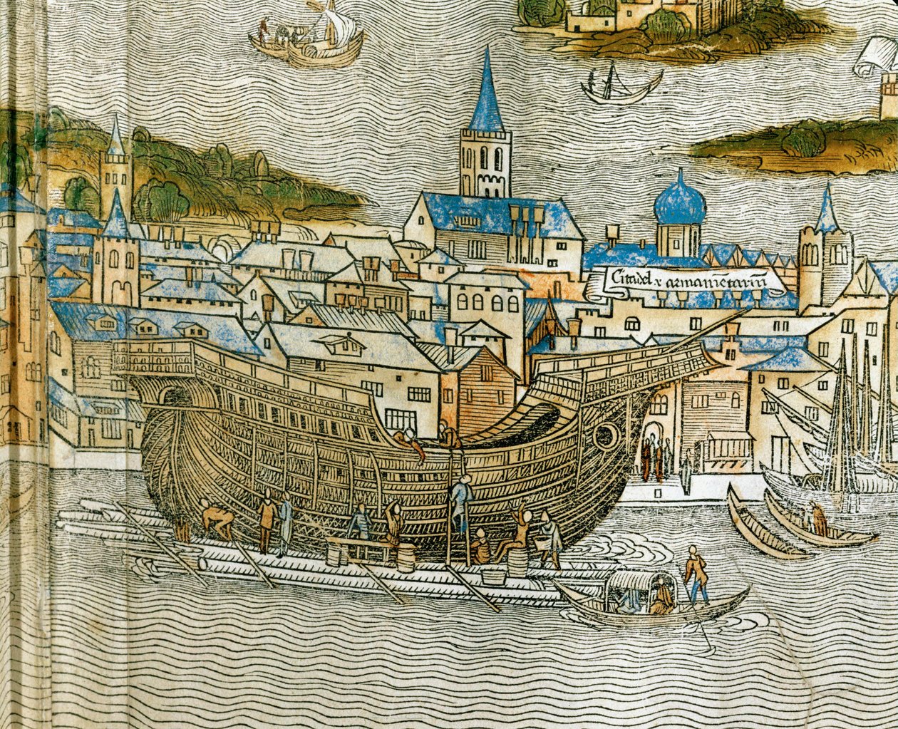 Construcción de una galera en un astillero de Venecia, de Peregrinatio in Terram Sanctam, impreso por primera vez en latín en 1486 ... (xilografía) de Jacopo de