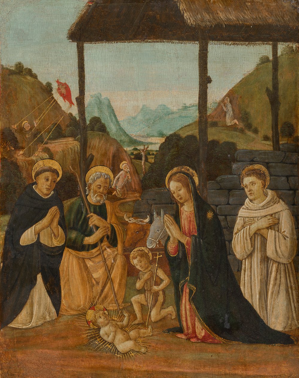 Anbetung des Kindes in Anwesenheit des Johannesknaben und der Heiligen Dominikus und Bernhard von Clairvaux de Jacopo del Sellaio