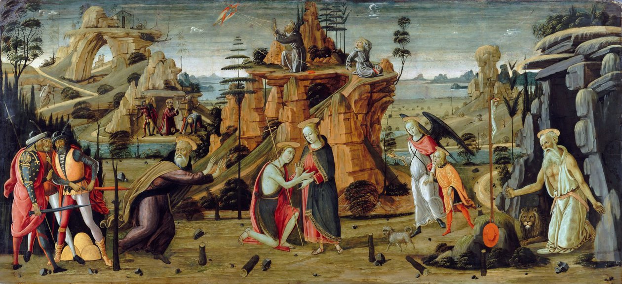Paisaje con escenas bíblicas y leyendas de los santos de Jacopo del Sellaio