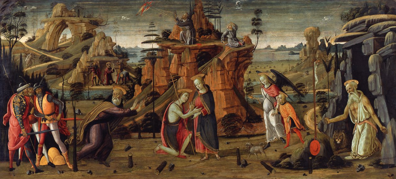 Paisaje con escenas bíblicas y escenas de leyendas de santos de Jacopo del Sellaio