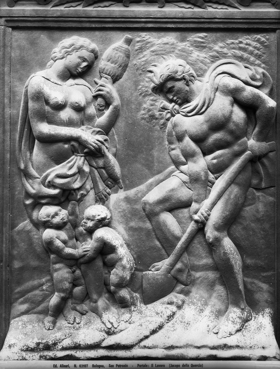 Adán y Eva obligados a trabajar, panel de la Porta Magna, c.1430 (mármol) de Jacopo della Quercia