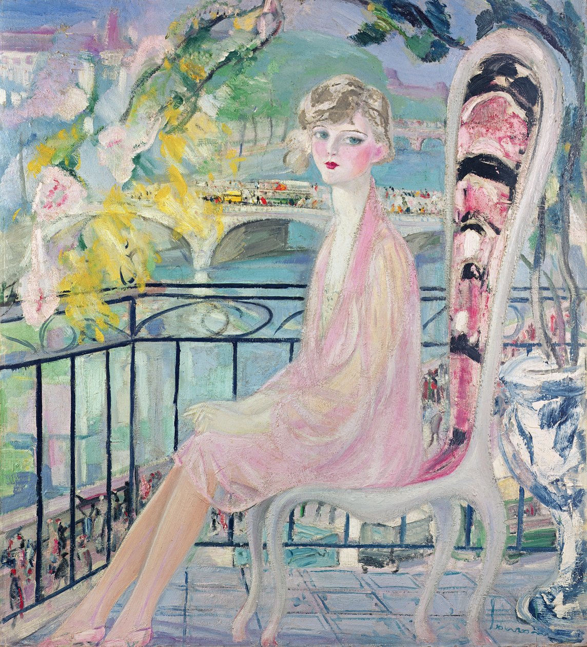 Retrato de Dolly Davis en un balcón frente al viejo puente de Alma de Jacqueline Marval