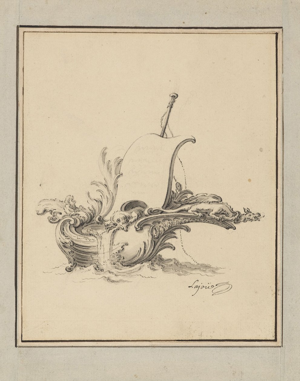 Diseño para un escudo en forma de barco con vela, para Recueil Nouveau de Differens Cartouches de Jacques de Lajoüe