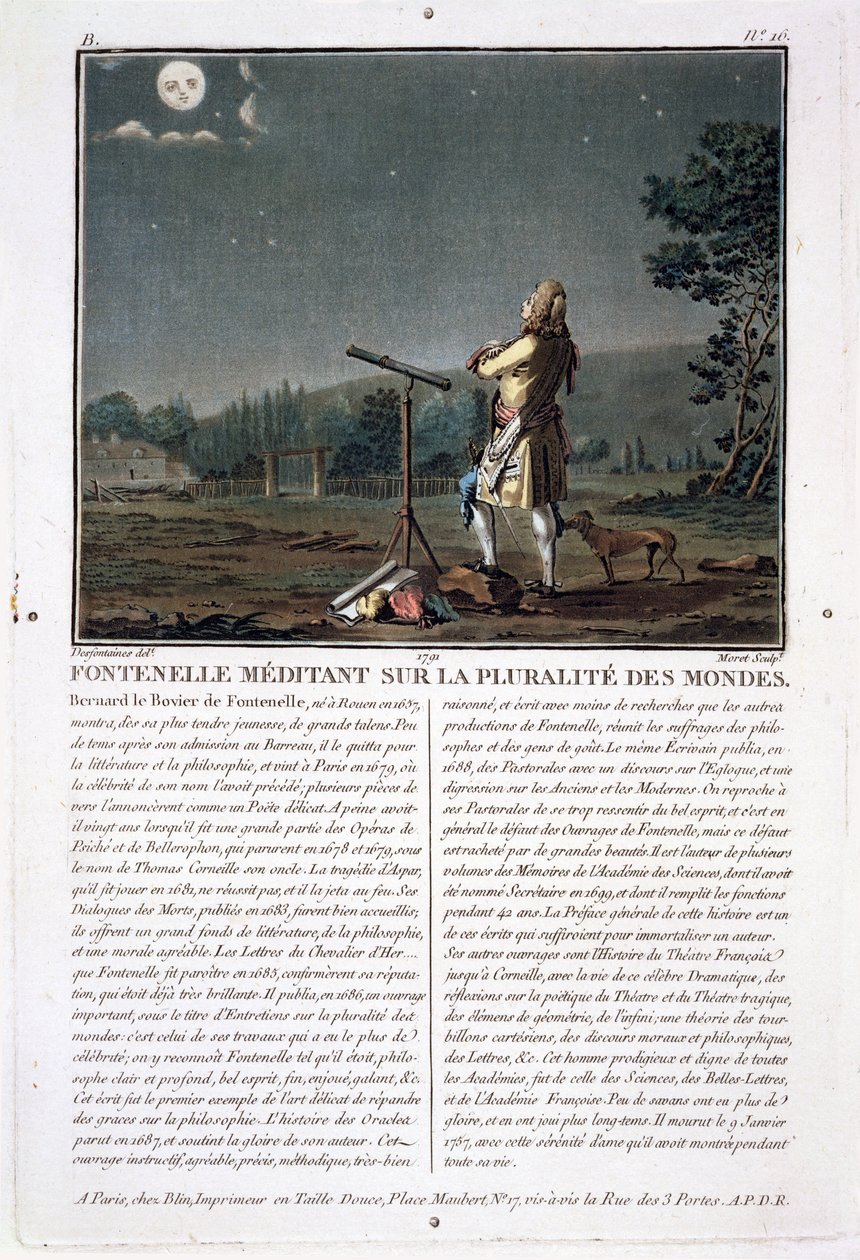 Bernard le Bovier de Fontenelle (1657-1757) contemplando la pluralidad de mundos, grabado por Jean Baptiste Morret, 1791 de Jacques Francois Joseph Swebach